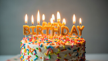 Birthday cake with lit candles spelling out the word birthday