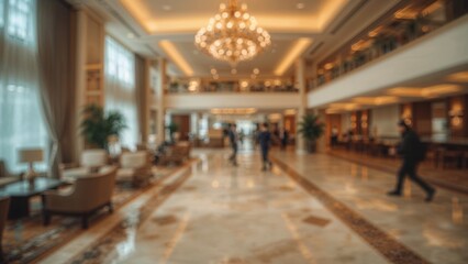 Hotel lobby interior with a grand chandelier, elegant furniture, and people walking. Hospitality and luxury, concept. Design and decor. The idea of elegance and comfort.