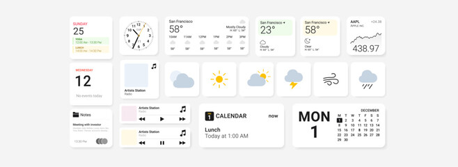 Minimal iOS-style interface with widget elements: weather, calendar, notes, clock, stock tracker, and music player. Clean dashboard layout on white background for modern productivity preview.