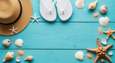 A flat lay composition of summer beach essentials including a straw hat, flipflops, starfish, and seashells arranged on a rustic weathered blue wooden background