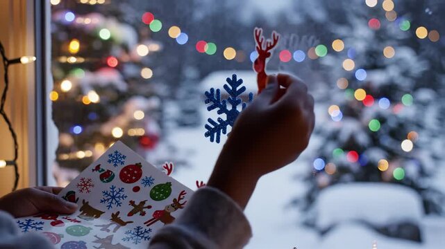 Child decorates winter window for Christmas, holding blue snowflake ornament and placing festive stickers of reindeer and snowflakes as colorful lights twinkle outside in snowy yard.