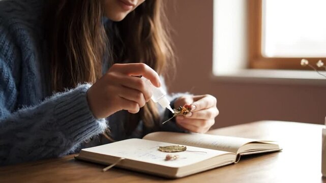 Young woman carefully glues dried natural elements into her personal creative journal.