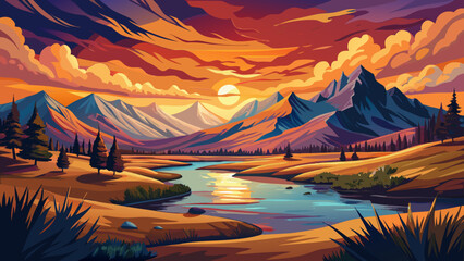 Very beautiful Owens River sunset landscape near Mammoth Lakes, California, featuring glowing skies, serene flowing water, open meadows, and distant mountain silhouettes in a peaceful natural setting.