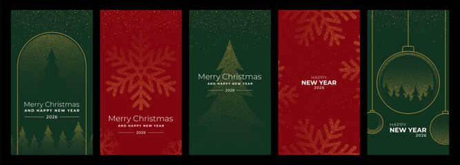 Set of five vertical Christmas and New Year 2026 greeting card designs with festive ornaments and elegant dotted patterns for holiday celebration.