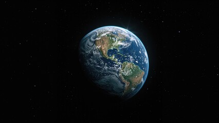 Earth from space with visible continents and oceans, illuminated by sunlight. Planet in the universe. Space and astronomy concept.