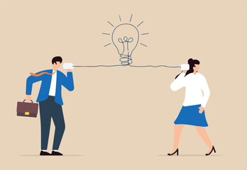 Two business people talk using tin can phone with light bulb line symbol