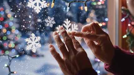 Elderly hands carefully attach white paper snowflakes to frosted window, outside colorful festive lights and snow-covered trees create magical winter backdrop. - Powered by Adobe