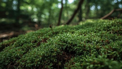 Close-up of green plants and moss in a forest, with trees and natural scenery in the background.