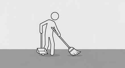 Minimalist Line Art Person Sweeping Floor with Broom and Dustpan.