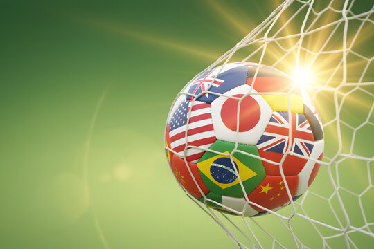 soccer ball with global country flags hitting net for worldcup celebration