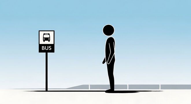 Minimalist Vector Art Stick Figure Waiting at Bus Stop Under Clear Blue Sky.
