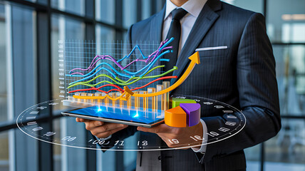 Businessman holding tablet with glowing financial charts and upward arrow symbolizing growth, analytics and corporate strategy