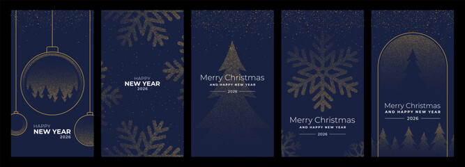 Blue and gold Christmas and New Year vector card collection with snowflake, bauble, and tree designs for holiday celebration.