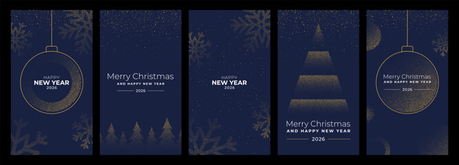 Collection of christmas and new year greeting card design with abstract golden decoration on dark background for special event.