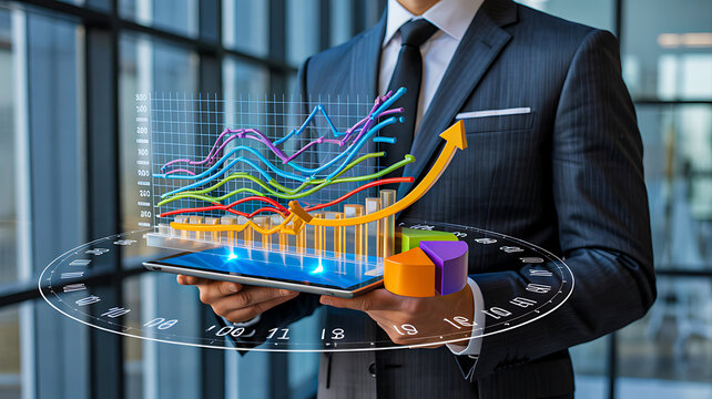 Businessman holding tablet with glowing financial charts and upward arrow symbolizing growth, analytics and corporate strategy - Powered by Adobe