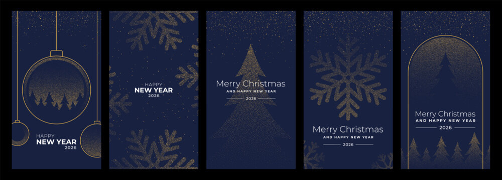 Blue and gold Christmas and New Year vector card collection with snowflake, bauble, and tree designs for holiday celebration.