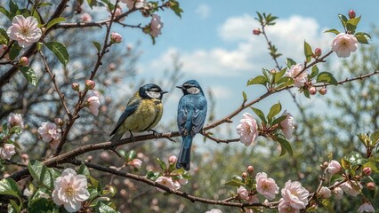 Fototapeta premium Two birds perched on a branch of a flowering tree with pink blossoms and green leaves. Bright sky with clouds in the background.