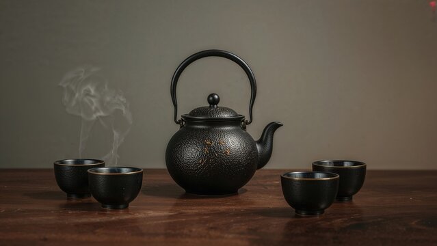 A black teapot with steam rising, surrounded by four matching black cups on a wooden surface.