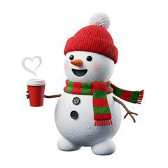 Festive snowman holding coffee with heart steam, perfect for winter holiday greetings and cheerful seasonal promotions, spreading warmth