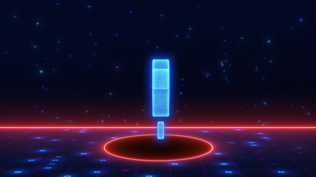Futuristic Holographic Question Mark Spinning On Retro Grid Stage. Digital Inquiry Concept In Sci-fi Cyberpunk Space With Neon Lights And Stars. Futuristic Blue Neon Question Mark Rotating In Digital 