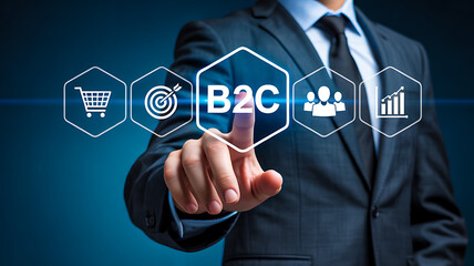 Business professional pointing at glowing B2C icon among digital hexagons symbolizing consumer targeting and digital commerce strategy