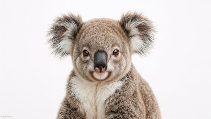 Fototapeta premium Koala baby portrait on white background. Cute and adorable koala face, close-up. Animal and wildlife photography. Nature and conservation concept.