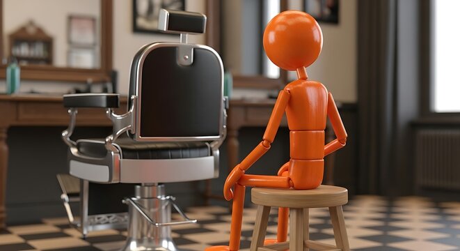 Orange Mannequin Waits in Vintage Barber Shop with Classic Chair and Checkerboard Floor.