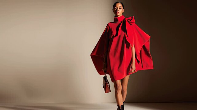 Elegant woman in red cape dress posing fashionably wearing black boots and holding handbag