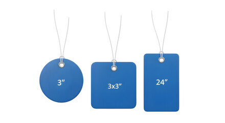 Display of round, square, and rectangular blue label tags with various dimensions for pricing or product information needs
