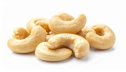 A small pile of raw cashew nuts with curved beige shapes resting on a clean white background.