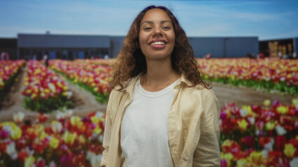 Young african american woman smiling with hands raised and open in a tulip field by a building under blue sky; joy spring optimism.