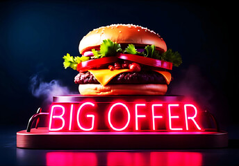 Hamburger big offer deal featuring glowing neon sign