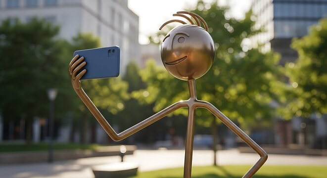 Playful Bronze Stick Figure Statue Taking a Selfie with a Blue Smartphone in a Sunny Park.