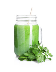 Tasty smoothie in mason jar and parsley isolated on white