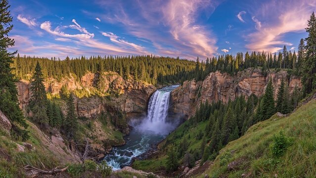 A scenic landscape of a waterfall in a lush forested canyon during sunset. - Powered by Adobe