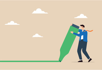 Serious businessman highlights important markers with highlighter pen, illustrating highlighting crucial information. Concept of reminders, or notes for business messages and plans for success