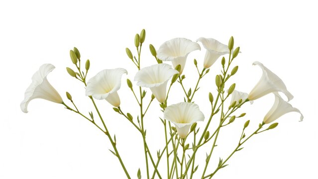 Cluster of white flowers with green buds and stems isolated on white background.