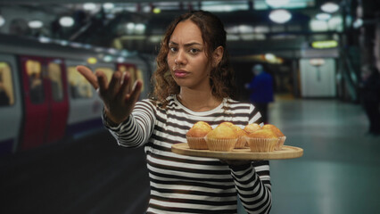 Woman points finger while holding a tray of muffins in a station building, facing forward and offering pastries on a wooden platter; determination demand.