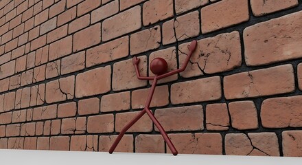 Red stick figure clings to cracked brick wall symbolizing struggle and perseverance against adversity.
