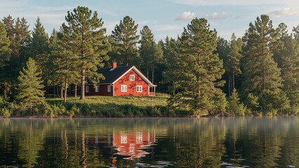 Fototapeta premium A red house surrounded by pine trees, reflected in a calm lake, with a partly cloudy sky.