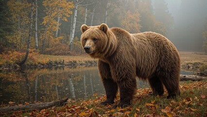 A brown bear standing by a river in a forest during autumn.
