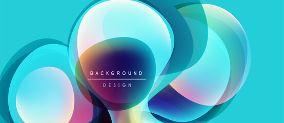 Abstract colorful circles overlap, creating dynamic background. Gradient hues blend, forming modern design element. Text reads background design.