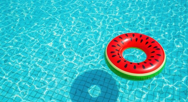 A vibrant watermelon slice inflatable ring floating in a clear blue swimming pool with sunlight reflecting on the water surface, creating a refreshing summer vibe