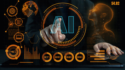 Explore a cutting-edge artificial intelligence interface showcasing data analytics and visualization, emphasizing human interaction with futuristic technology in a digital setting. Cipher