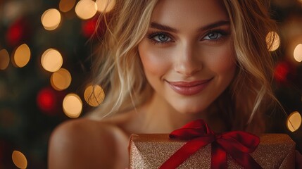Woman smiling, holding gift, Christmas lights, festive season, holiday advertising