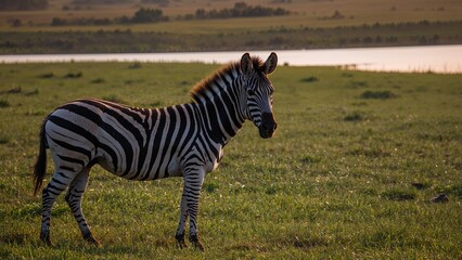 Naklejka premium Zebra standing on green grassland near water body with trees in background.