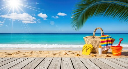 A vibrant tropical beach scene with a straw bag, flipflops, sunscreen, and a childs bucket and spade on a wooden deck, overlooking the turquoise ocean under a bright sunny sky