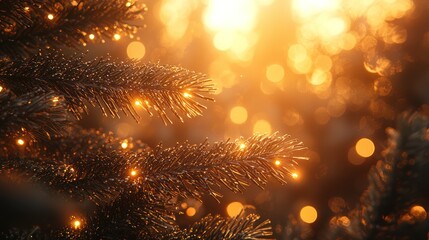 Fototapeta premium Glowing Christmas tree branches, sunset bokeh, winter, holiday card