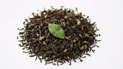 Fototapeta premium Dry tea leaves with a green leaf on top, arranged in a pile with seeds mixed in. Black tea, herbal tea, and tea leaves. The concept of tea, herbal remedies, or natural products.