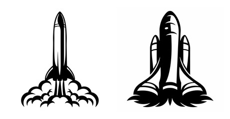 Two iconic rocket designs blast off with fiery exhaust trails capturing space exploration spirit